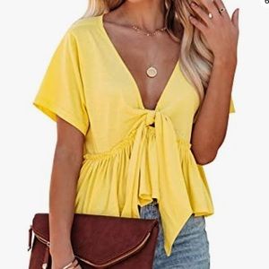 Women's Short Sleeve V Neck Blouses Ruffle Hem Tie- Yellow